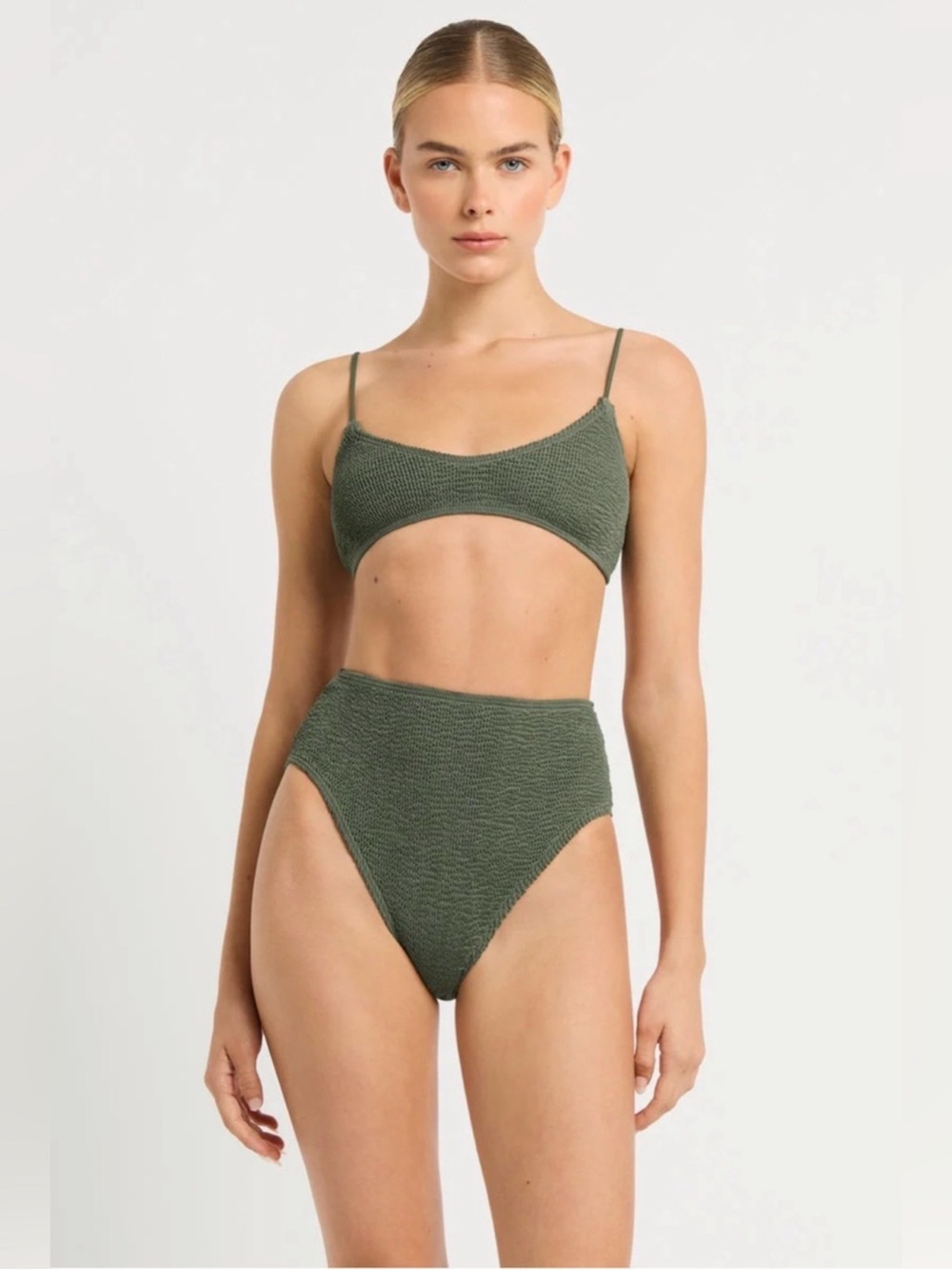 New Bond-eye Swim Bikini Set Selena Crop Top and Palmer Briefs Khaki NWT OS